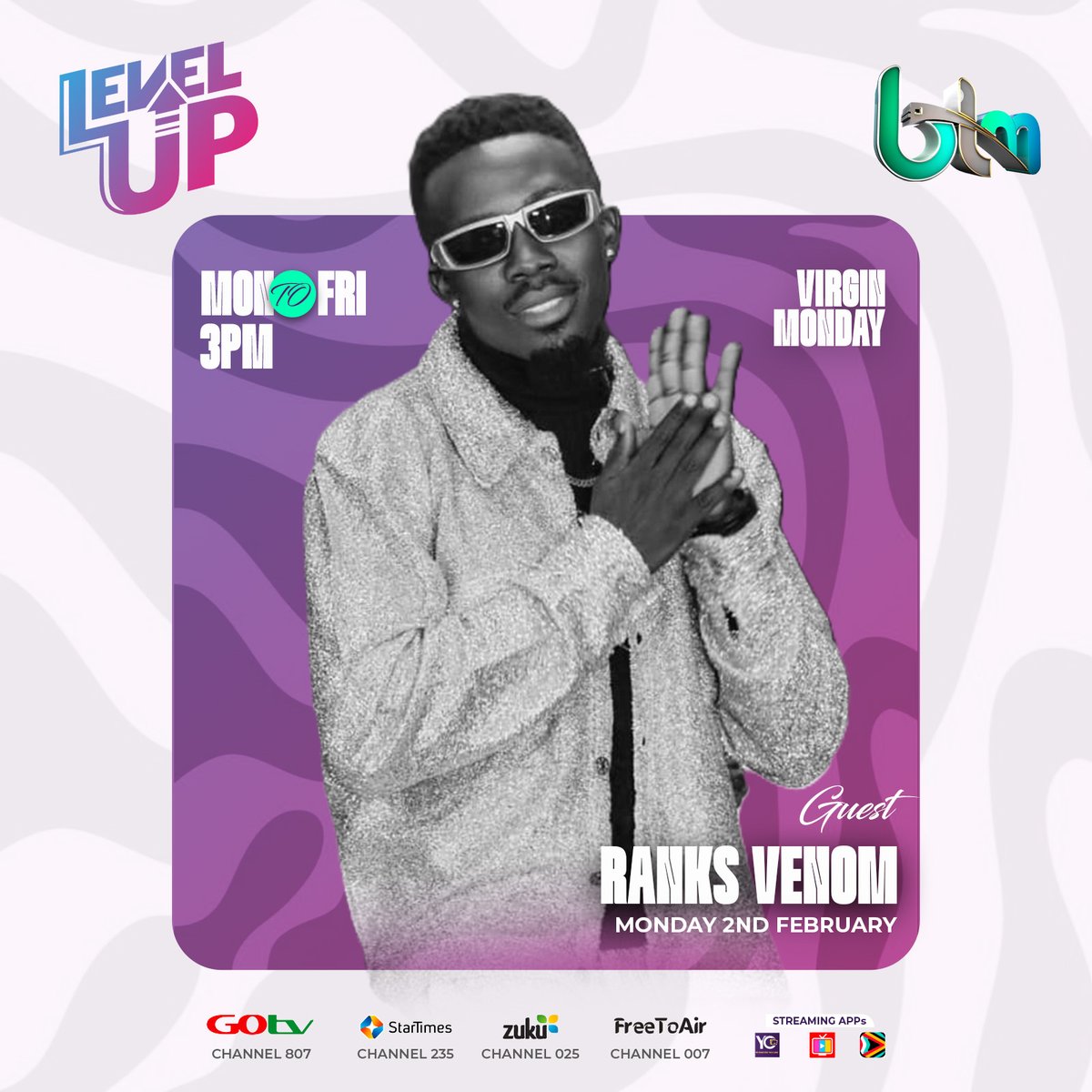BTMTelevision's tweet photo. Don't miss on #LevelUpShow today ,Mimi Kampala and Ranks Venom live at exactly 3pm! Tune in for non-stop vibes on #btmtelevision https://t.co/ubnsYXji5I
