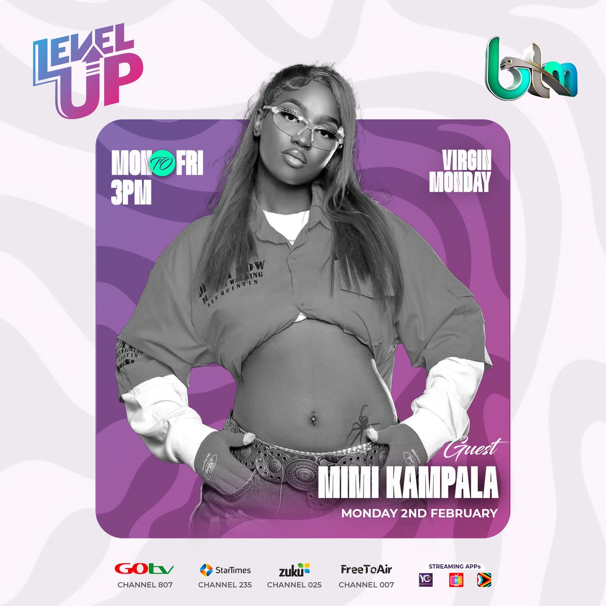BTMTelevision's tweet photo. Don't miss on #LevelUpShow today ,Mimi Kampala and Ranks Venom live at exactly 3pm! Tune in for non-stop vibes on #btmtelevision https://t.co/ubnsYXji5I