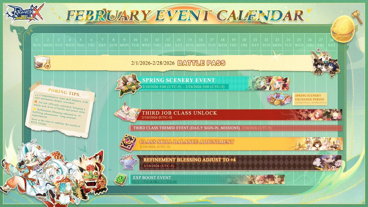 ragnarokxglobal's tweet photo. February Event Calendar is here! 💥

Spring vibes are in the air, with nonstop rewards and multiple events waiting for you... 🍀

Even more surprises are on the way — all inspired by your expectations.

Every piece of feedback matters. We’re always listening ❤️

#ROXGlobal #MMORPG