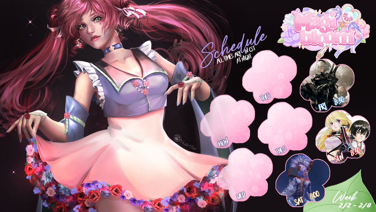 Here's the schedule for 2/2-2/8. Fri, we'll be working on more of the 3rd playthrough of #NieRAutomata. Sat should be more #M4S prog in #FinalFantasyXIV. Sun, we take care of the Zenethra in #TalesofXilliaRemastered. Hope to see you there!
#Twitch #Vtuber #Schedule #NieR #FFXIV