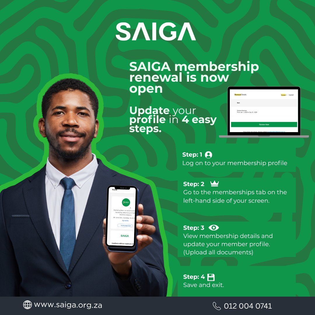 We encourage members to take time to renew their membership and remain a valued part of our community also to continue enjoying SAIGA membership benefits. 

Update your membership details in 4 easy steps today and maintain your membership and data compliance status.
