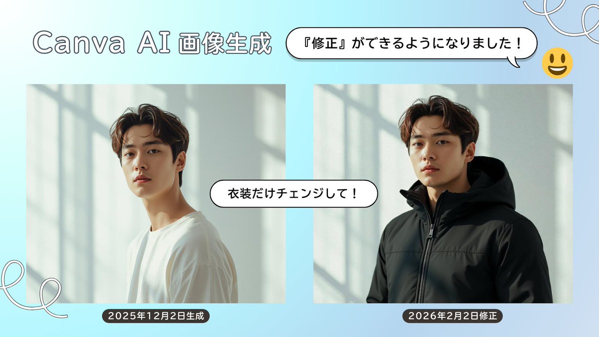 📣#Canva AIで生成した画像、後から修正できます！
生成結果の一部だけ変更したい時に便利😊
このサンプルでは生成した男性の衣装をチェンジ。
やり方は簡単 ↓
1⃣生成した画像をクリック
2⃣修正指示を入力
過去の生成履歴も見やすいので、結構使える気がします。
他のサンプルはツリーに😊