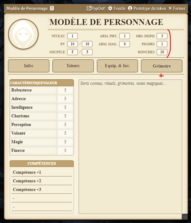 Nouveautés sur la fiche perso de #Arcanox sur Foundryvtt. 
Un emplacement pour la monnaie, et un grimoire pour les sorts ! 
Vos fiches seront mises à jour en un clin d'œil chers joueurs.