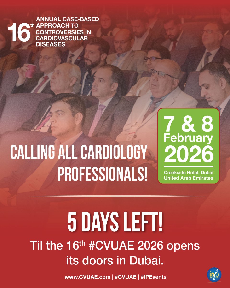 CVConfUAE's tweet photo. 5 DAYS LEFT!
Join global cardiology experts at #CVUAE 2026 on 7–8 Feb in Dubai, UAE, CME Applied

View full agenda: https://t.co/X6pB1XpDyg
Register now: https://t.co/zFSUfYxlti

#FinalCountdown #Cardiology #MedicalEducation https://t.co/66IYDxeZFh