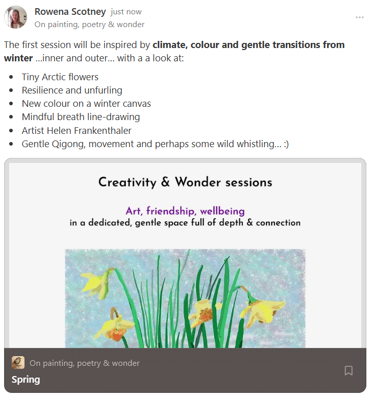 RowenaScotney's tweet photo. Beginning on Sunday x a new cycle of sessions for friendship, creativity &amp; wonder 🌱

more info https://t.co/ZzUHyfKSYM 
#art #zoom #live https://t.co/bGcSg7yi7Z