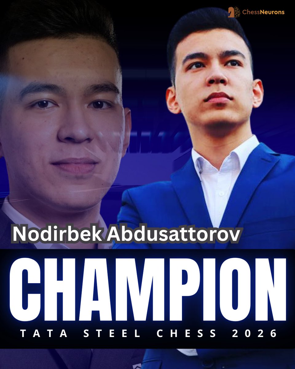 ChessNeurons's tweet photo. Nodirbek Abdusattorov ๐บ๐ฟ wins the Tata Steel Chess Masters 2026!
He finished the tournament with an impressive 9/13 score, suffering just one loss while registering six wins and six draws.
#chess #chessneurons #nodirbekabdussattorov
#Uzbekistan #TataSteelChess https://t.co/kDwjjecD1N
