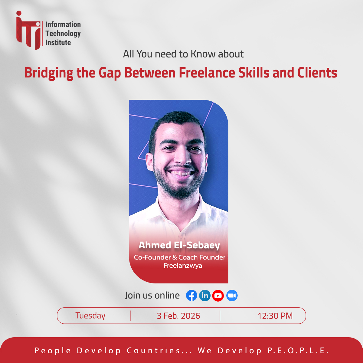 انضموا إلينا يوم الثلاثاء، الساعة 12:30 ظ، في محاضرة بعنوان:
سد الفجوة بين مهارات العمل الحر والعملاء 

عبر Zoom من خلال الرابط التالي:
 iti-mcit.zoom.us/j/4959206443?p…

🔸يمكنكم طرح أسئلتكم من خلال الرابط التالي:
app.sli.do/event/nAr3muNK…

#MCIT #ITI