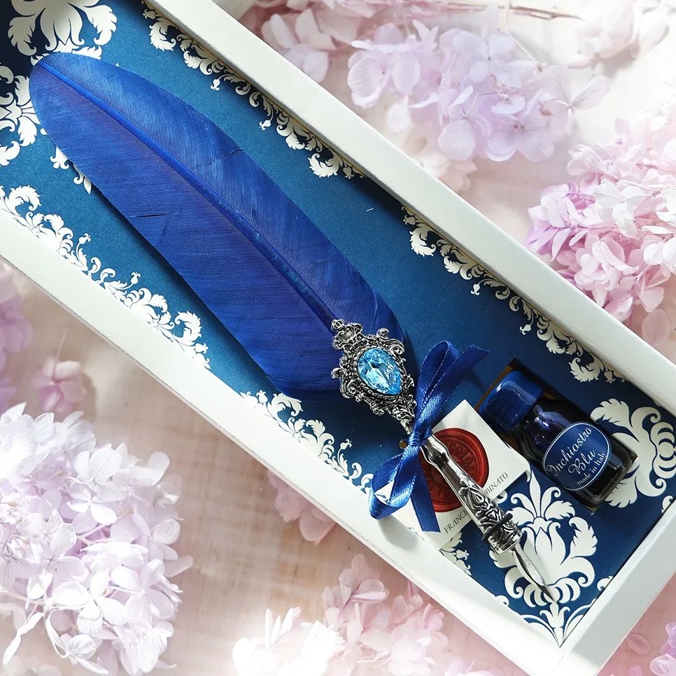 羽根ペン・インクセット（スワロフスキー・ロイヤルブルー） - 海福