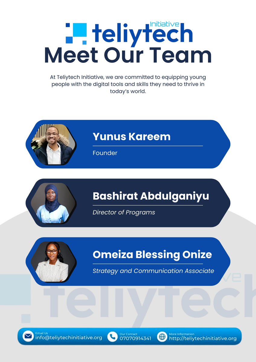 Meet the team behind TeliyTech Initiative 👋
Led by Founder Yunus Kareem <a href="/PiousDev/">Yunus Kareem</a>, Bashirat Abdulganiyu <a href="/TheOlanikeBash/">Olanike Bash ✨🌍</a> and Omeiza Blessing Onize <a href="/Oniz_e/">Onize 💜</a>, we’re committed to equipping young people with the digital skills they need to thrive.
 #TeliyTechInitiative #YouthInTech