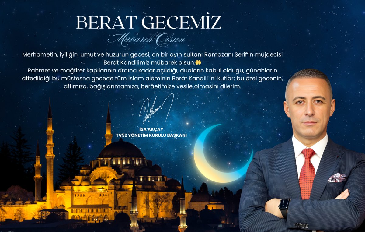 Rahmet ve mağfiret kapılarının ardına kadar açıldığı, duaların kabul olduğu, günahların affedildiği bu müstesna gecede tüm İslam aleminin Berat Kandili ’ni kutlar; bu özel gecenin, affımıza, bağışlanmamıza, berâetimize vesile olmasını dilerim. #BeratKandilinizMübarekOlsun