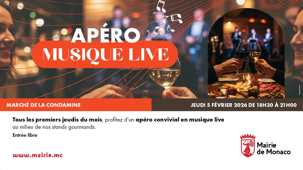 MairieMonaco's tweet photo. [ANIMATION] Tous les premiers jeudis du mois, le Marché de la Condamine vous invite à partager un moment convivial avec l’Apéro Musique Live 🎶🍷

Un rendez-vous chaleureux au cœur des stands gourmands, rythmé par de la musique live. https://t.co/mtnnraYYNy