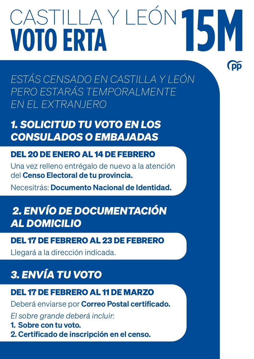 PPopularCyL's tweet image. 🗳️ Voto ERTA #CyL #Elecciones15M

Si estás temporalmente en el extranjero:

🗓️Solicita el voto en tu consulado hasta el 14 de febrero
📩 Recibe la documentación en tu domicilio
✉️ Envía tu voto por correo certificado
Hasta el 11 de marzo

ℹ️nformate: ppcyl.es/voto-por-corre…