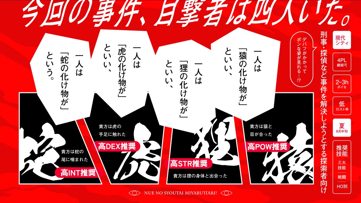 「草木も眠る丑三つ時
それは魑魅魍魎が跋扈する時間だ」
--------------------------------------

クトゥルフ神話TRPG 6版
「鵺の正体、見破ったり!」

--------------------------------------
刑事/探偵×夏×怪奇現象 4PL

今回の事件、目撃者は4人いた

一人は「猿の化け物が」といい。 