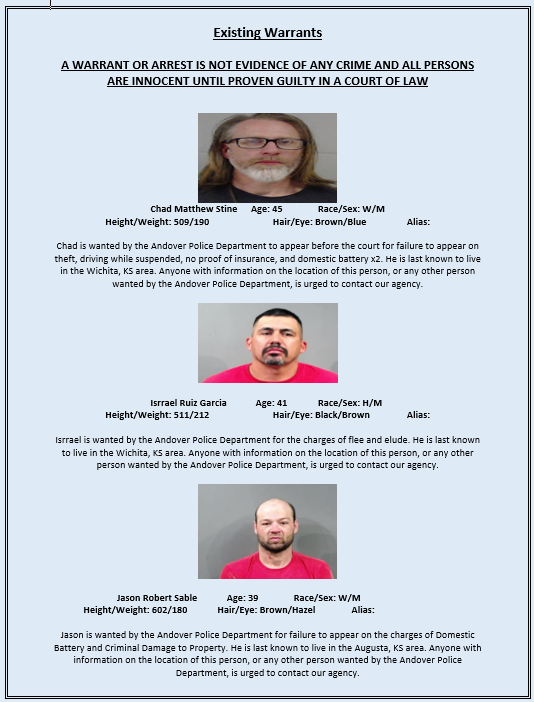 AndoverKSPD's tweet photo. Those arrested are presumed innocent until proven guilty in a court of law. Anyone with information about crimes in our area are encouraged to contact the Andover Police Department at (316) 733-5177. https://t.co/jPi8MmZdHf