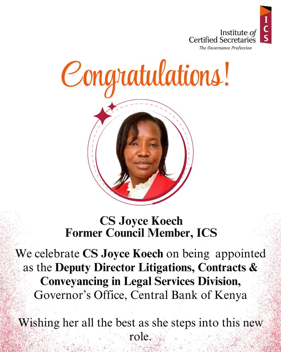 ICS_Kenya's tweet photo. Congratulations CS Joyce Koech!

We celebrate this well-deserved milestone and wish her continued success as she takes on this important leadership role.

#ICS_Kenya #GovernanceProfession #Congratulations https://t.co/7Gac7exzFX