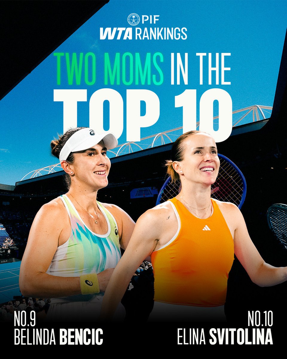 WTA's tweet image. History makers 💫
 
For the first time EVER, two moms are ranked inside the PIF WTA Top 10 👏
 
#PIFWTARankings | @PIF_en