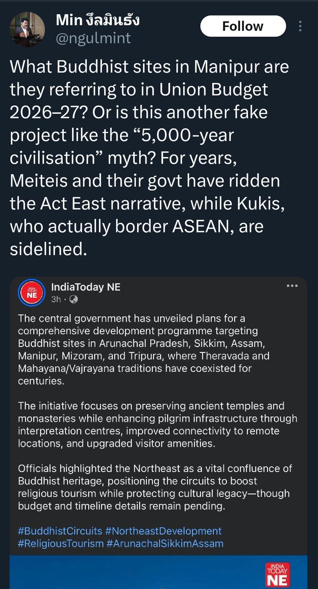 koubru_lakpa's tweet photo. Chin-Kuki h@te monger @ngulmint wants to suppress the Buddhist Nepalese community and anyone who follows Bhudism in Manipur.

He's playing the same tactics of Kuki narco terr0rists who want to ethnically cleanse everyone who aren't Kukis from Kuki infiltrated areas of Manipur.

Does this m0ron know there are Buddhist monasteries in Manipur older than his journey from Burma to Manipur?

@LokBhavManipur
@NBirenSingh
@meiteiheritage
@Paari_Athouba
@laimacha 
@PoknaphamNews 
@NepCorres