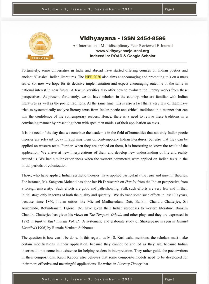 BarotNidatt's tweet photo. @dpradhanbjp @ugc_india @SauUniOfficial @Mukeshias Prof Kamal Mehta HOD Department of English, Sau Uni wrote paper in 2015, Published in online Vidyayana Journal, he wrote about NEP 2020 and Gave reference of 2018 in paper of 2015. Now he will face CAS Senior Professor interview https://t.co/4f5bHN97fZ