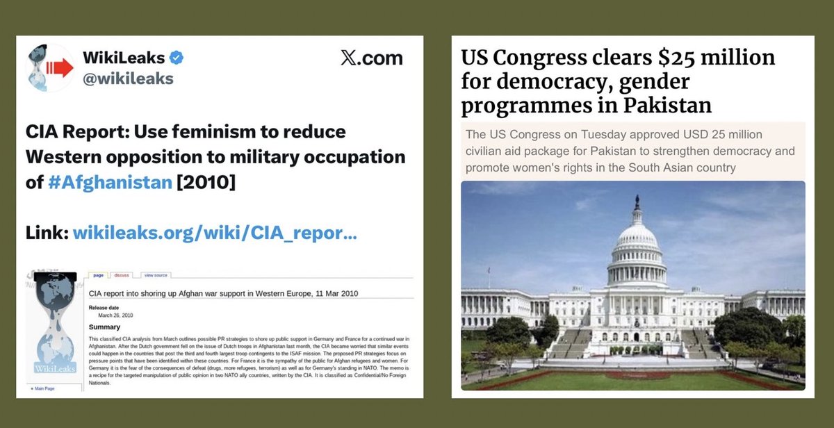 CIA Report :  Use feminism to reduce western opposition to military occupation of Afghanistan.

The U.S. Congress continues to fund gender studies programs in Muslim countries like Pakistan.

Feminism is used by Western powers as a tool against Muslims countries.