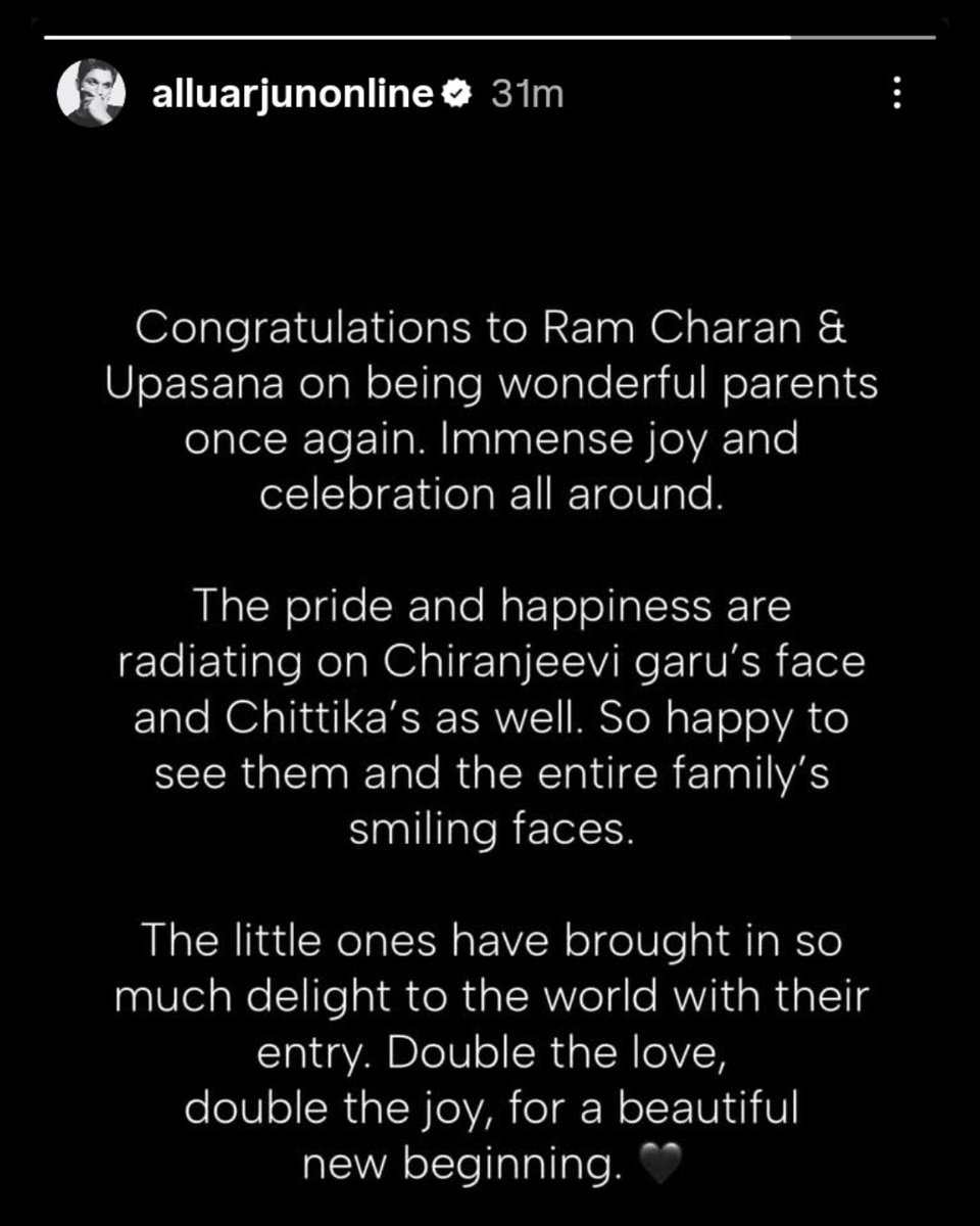 filmfare's tweet photo. #AlluArjun shares heartfelt wishes for #RamCharan and Upasana as they become parents to twins. ❤️

#Celebs https://t.co/v135zZNfaZ