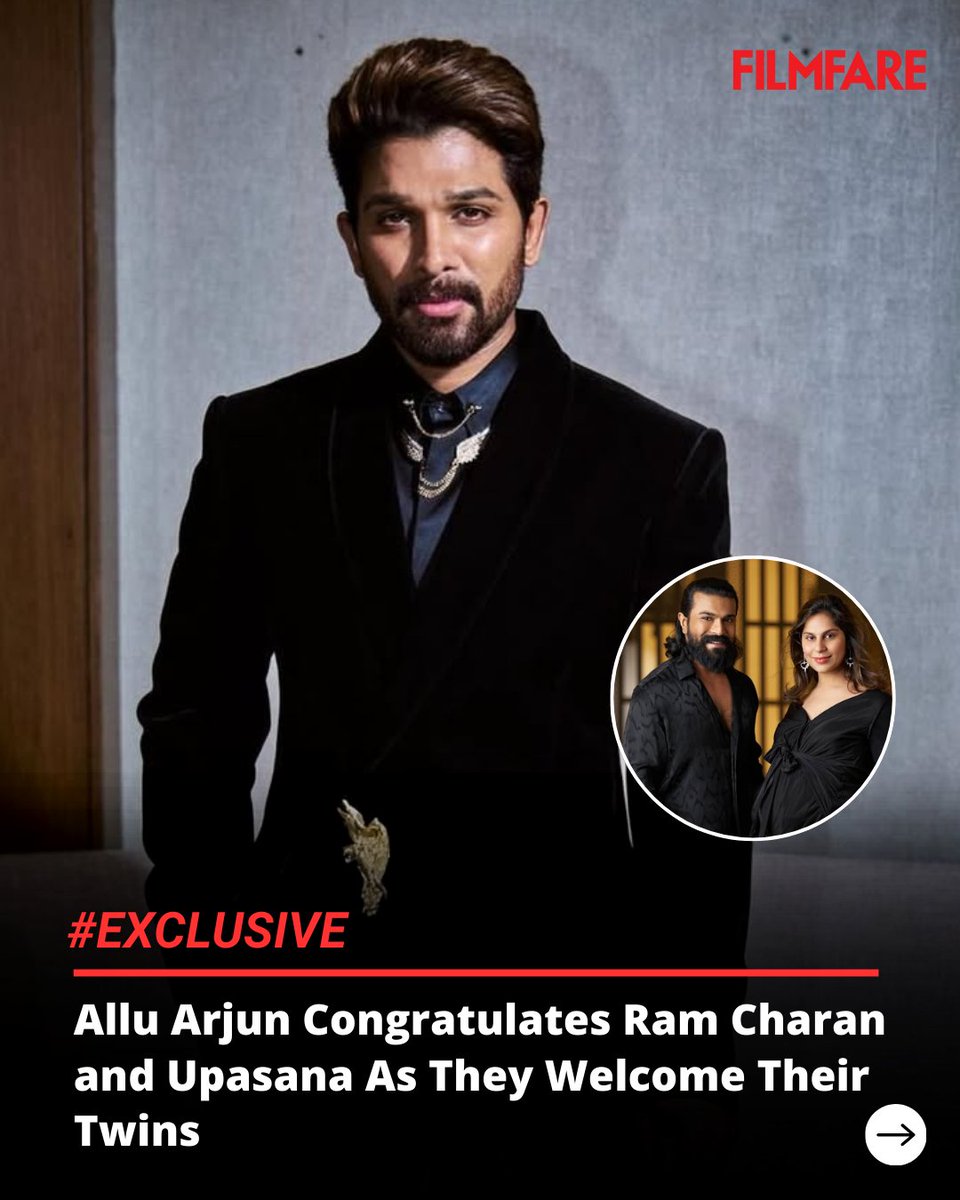 filmfare's tweet photo. #AlluArjun shares heartfelt wishes for #RamCharan and Upasana as they become parents to twins. ❤️

#Celebs https://t.co/v135zZNfaZ