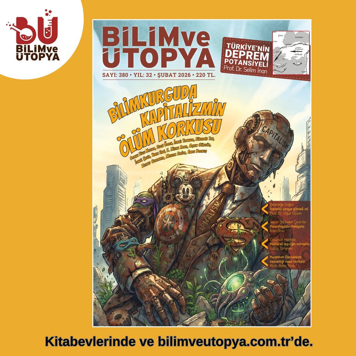 ilkeryucell's tweet photo. Bilim ve Ütopya dergisi son sayısında Bilimkurguda Kapitalizmin Ölüm Korkusu'nu işliyor:

* Bilimkurguda kapitalizmin ölüm korkusu

* Bilimkurgu nedir

* Prometheus’un mirası: Sanayi Devriminden galaktik imparatorluklara

* Osmanlıca çeviri bilimkurgu edebiyatı

* Türk bilimkurgu edebiyatı tarihine bir bakış

* Bilimkurgu, korku ve ekolojik hayal gücü

* kitap ve film incelemeleri

* Geleceğe Doğru: İnsanlık uzaya gitmeli mi

* Japon Şiirinden Çeviriler: Kawahigashi Hekigoto

* Doğa Tarihinden Notlar: Deprem nedenleri, Türkiye’nin deprem - potansiyeli ve 6 Şubat 2023 Maraş depremleri üzerine notlar

* Düşünce Haritası: Kültürel teşviğin mimarisi

* Kuantum Darwinizm nesnelliği nasıl kurtarır👇