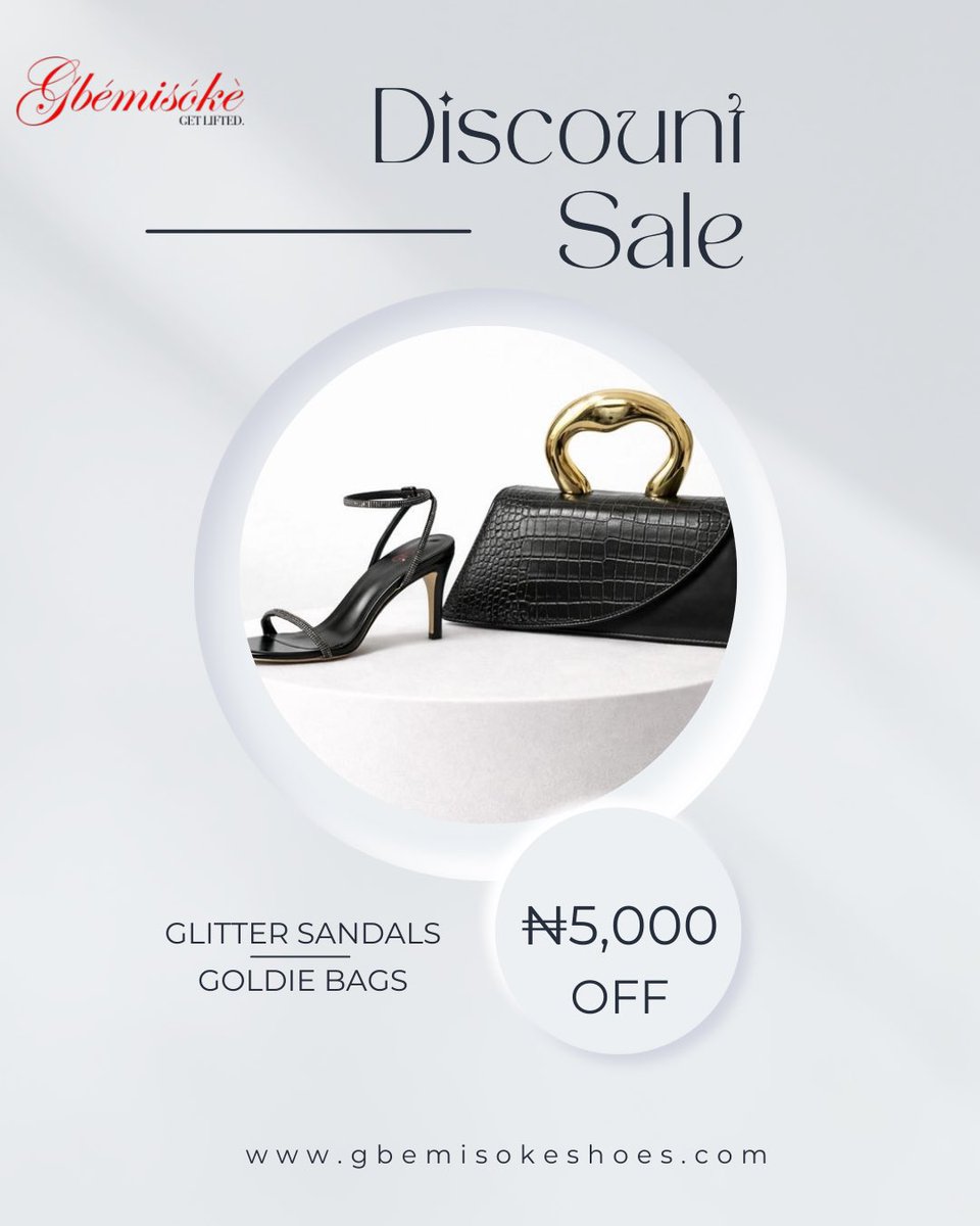 If you’ve been thinking about it, this is your sign. Elevate your wardrobe and pay less while you’re at it.

Get ₦5,000 off the Goldie Bags and the Glitter Sandals.

Offer ends on the 20th of February and is exclusive to purchases made on our website. 

#GbemisokeShoes