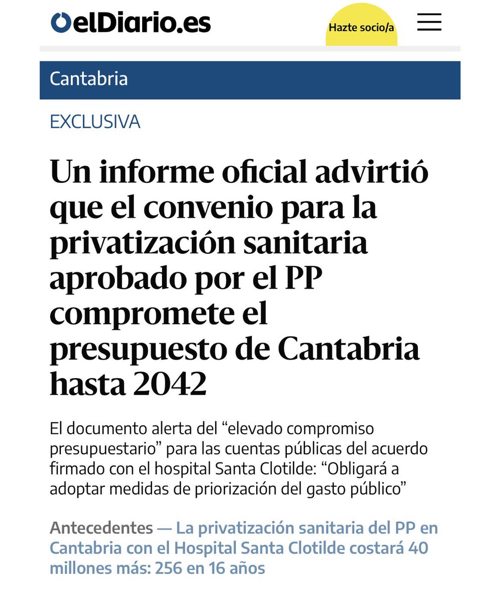 El PP privatiza e hipoteca la Sanidad Pública en #Cantabria con informes técnicos en contra del elevado compromiso presupuestario.

El convenio con Santa Clotilde hasta 2042 obligará a adoptar medidas para priorizar el gasto público.

Es todo una vergüenza.