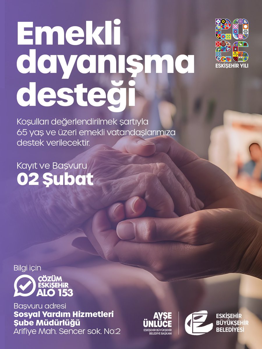 Ekonomik koşullar karşısında zor günler geçiren emeklilerimiz için Emekli Dayanışma Desteği’ni başlatıyoruz.

Bu destekle büyüklerimizin temel ihtiyaçlarına katkı sunmayı, hayatlarını biraz daha kolaylaştırmayı amaçlıyoruz.

Başvuru koşulları ve detaylı bilgi için Taşbaşı'nda