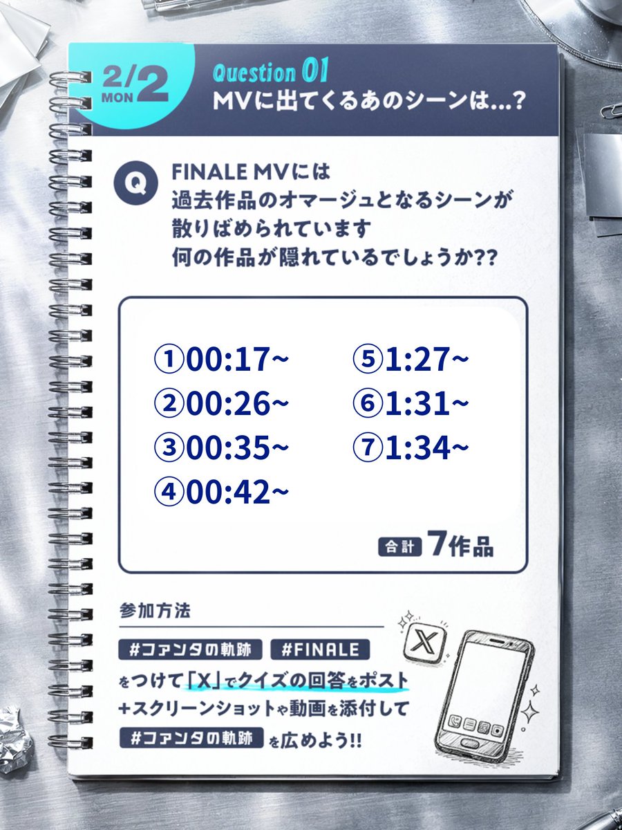 fantastics_fext's tweet photo. ⟡.·⎯「 #FINALE 」⎯⎯
　3夜連続MVクイズ🔍
　 2/2 QUESTION1🎞️
MVに出てくるあのシーンは？ 
⎯⎯⎯⎯⎯⎯⎯⎯⎯⎯ ⟡.·

2/2 QUESTION1🎞️
過去作品のオマージュとなるシーンが
散りばめられています
何の作品が隠れているでしょうか??

回答が1つでもわかったら
#ファンタの軌跡 #FINALE をつけて
Xにてポストしてください📱
スクリーンショットや動画を添付も大歓迎🙆‍♀️
#FANTASTICS からのヒント？もお楽しみに!!

MVと共に #ファンタの軌跡
を振り返ろう!!

🎥 FINALE MusicVideo
https://t.co/knitZRfmMz

#FINALE
#ファンタの軌跡
#WelcometoSunshine
#FNT_BEST
#FANTASTICS