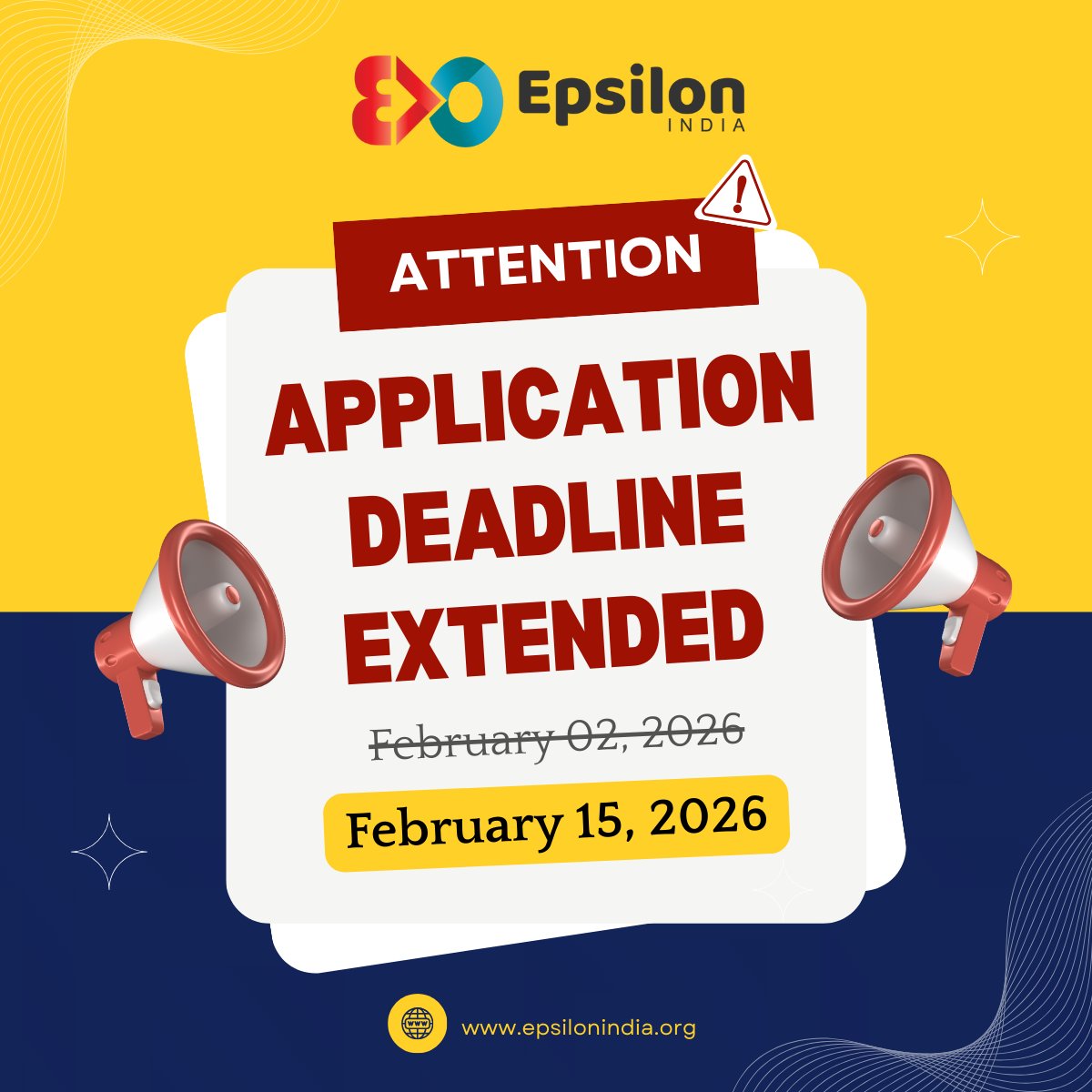raisingamath's tweet image. ⏰You just got lucky!

You didn't miss the math bus yet!

The application deadline for Epsilon India Camp 2026 has been extended to 15 February 2026.
Apply Now: epsilonindia.org

#applicationopen #epsilonindia #epsiloncamp #residentialcamp #mathcamp #applynow #ramf