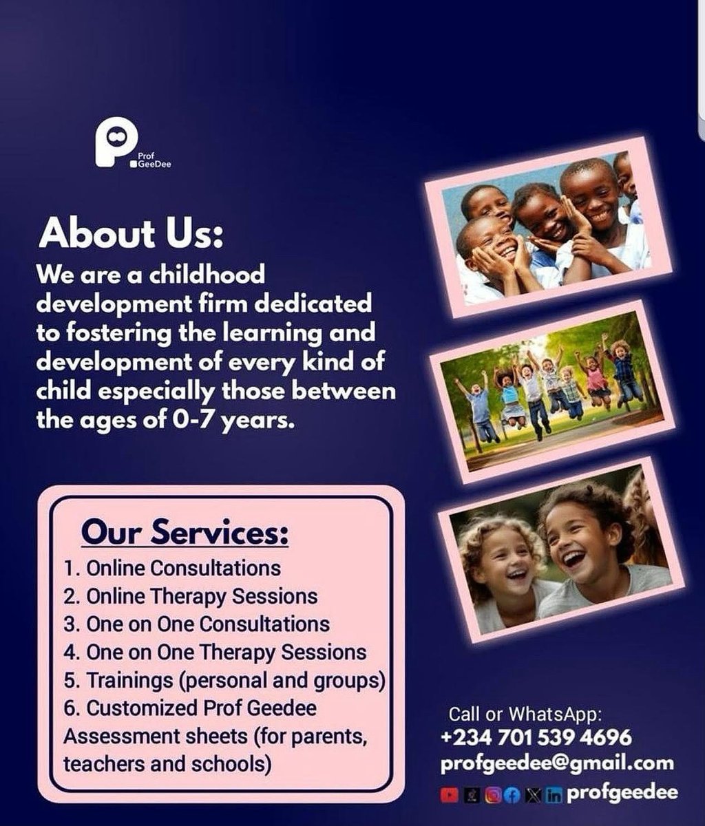 Early support shapes lifelong learning.
Prof GeeDee helps children (0–7 yrs) grow through consultations, therapy, and training for parents &amp; teachers.
The right support brings the real progress.

Send a WhatsApp message to +234 701 539 4696