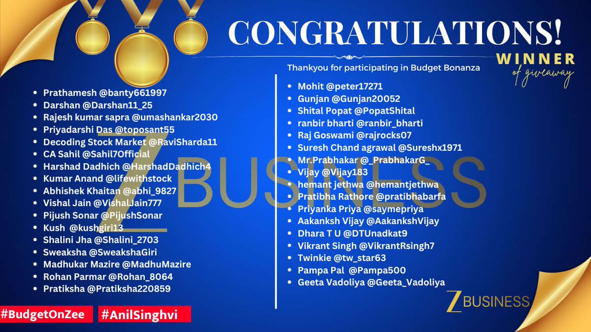 🙇‍♀️Congratulations! You are one of the winners of the Zee Business Budget Bonanza Contest, and we’re delighted to share the news with you.

To Receive Your Gift hampers, please send us your postal address along with your mobile number via DM.

Regards,
Team Zee Business