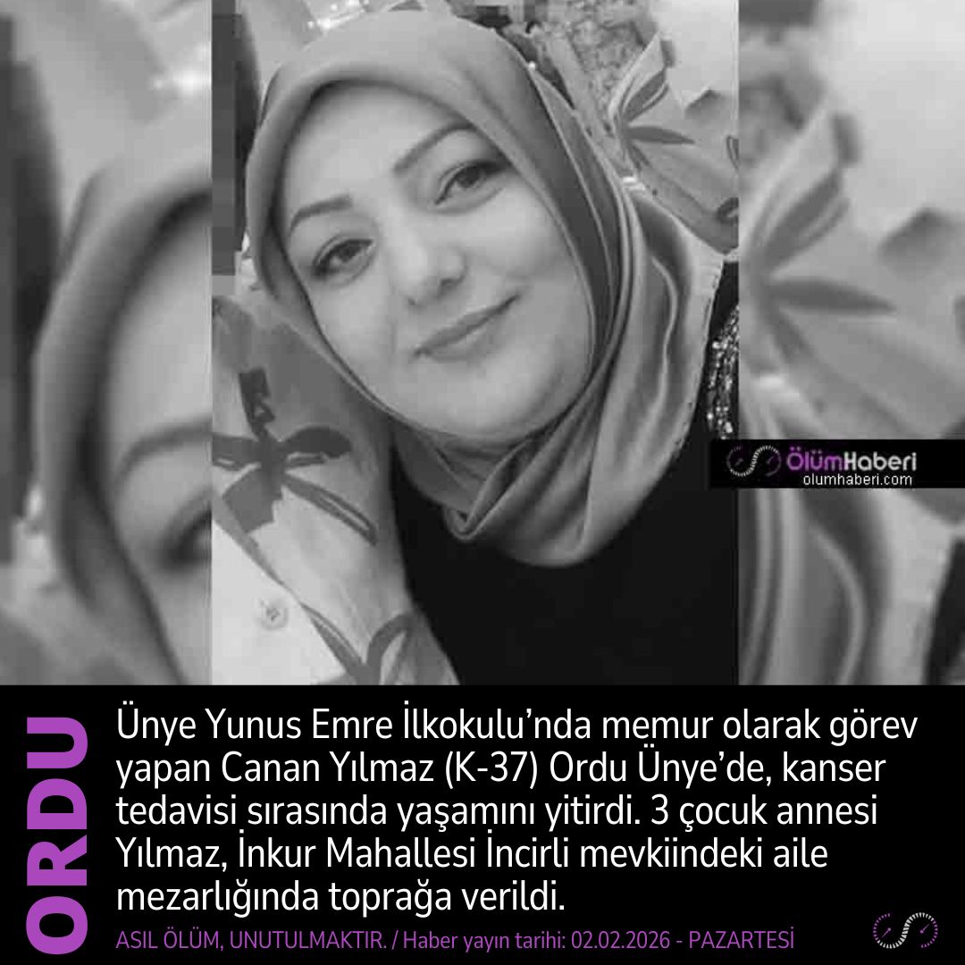 OlumHaberi's tweet photo. Eğitim çalışanı Canan Yılmaz (K-37) Ordu Ünye’de, kanser sonucu yaşamını yitirdi.
https://t.co/lWTgsGxarc
#Egitim #CananYılmaz #Ordu #Unye #kanser #vefat #cenaze https://t.co/bB0Pr8ATex