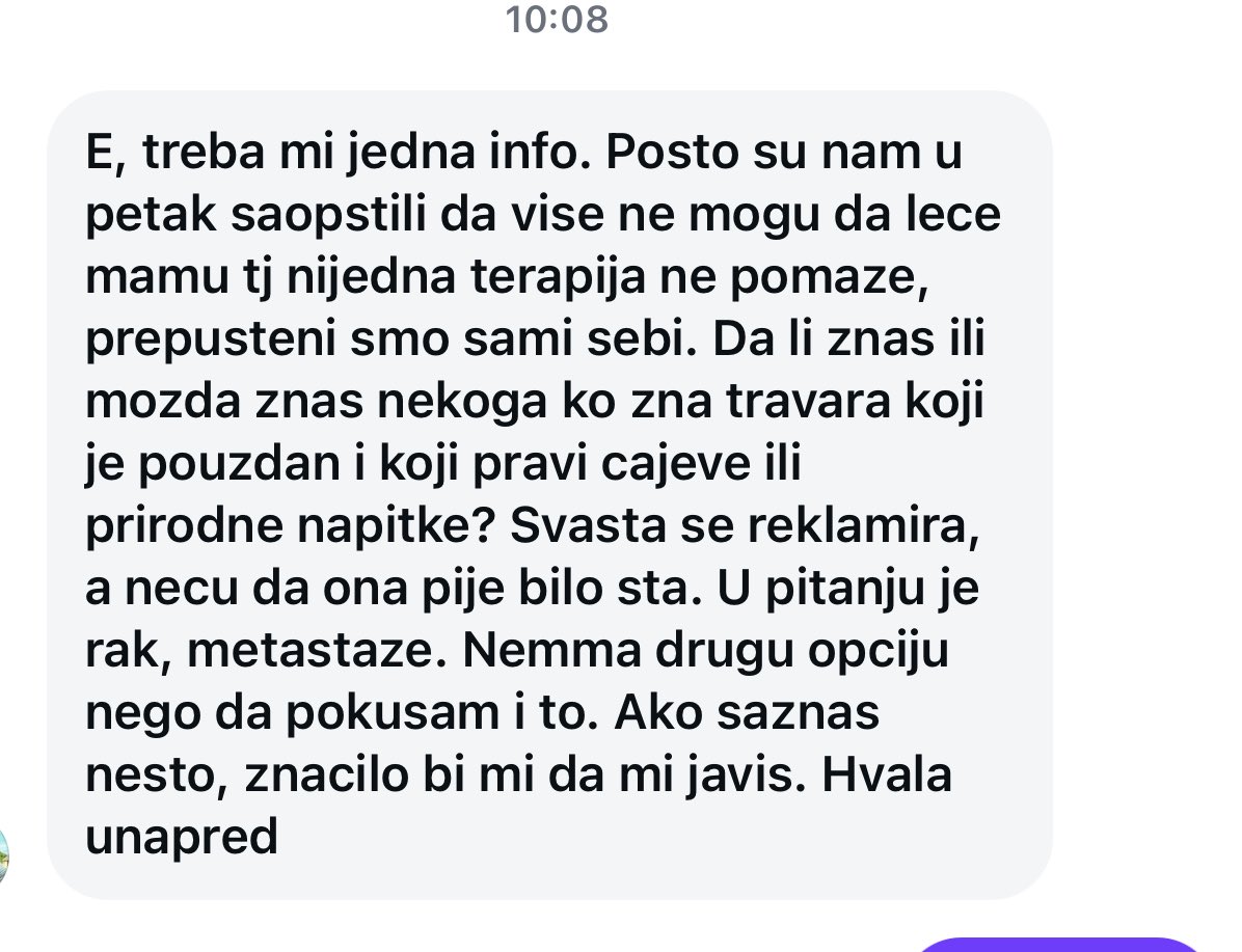 ‼️RT ‼️ DRGAROVA MAJKA IMA RAK PLUĆA, KOSTIJU, JETRE, METASTAZE.

Ako neko ima iskustva s prirodnim lečenjem neka ostavi komentar🙏