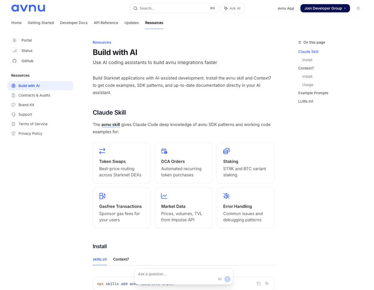 and it’s not even all.

docs used to be for humans and now they’re for agents too.

we shipped 3 things:

1) avnu skill for claude code
install it and your LLM can one-shot all avnu integrations (swaps, paymaster, tokens, dca, data, etc)

2) context7
keeps your assistant up to