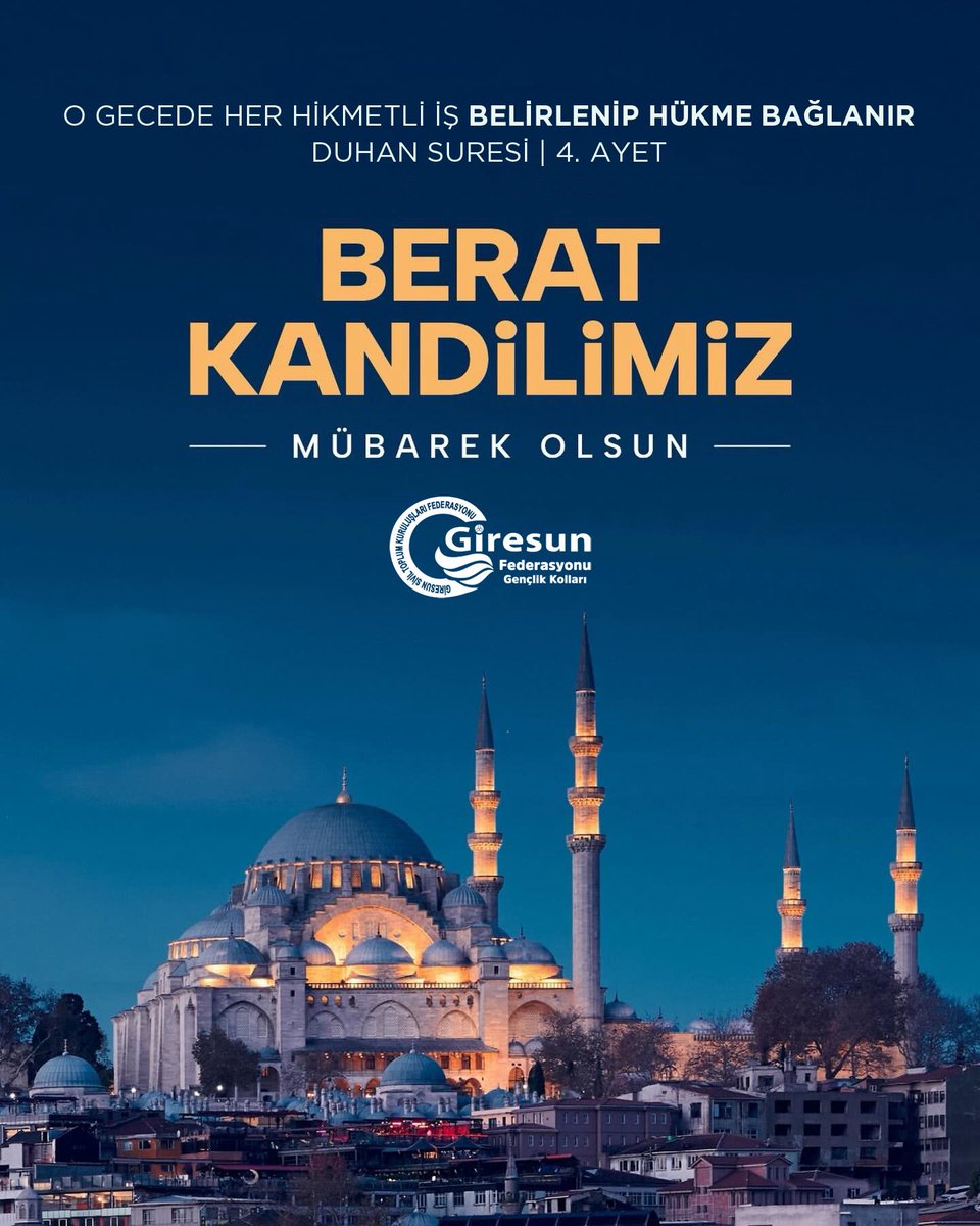 Ramazan ayının müjdecisi olan Berat Kandilimiz Mübarek Olsun. Af ve mağfiret kapılarının aralandığı bu gecenin dünyada yaşanan sıkıntılardan kurtuluşa vesile olmasını diliyoruz.

Hayırlı Kandiller 🌙

#GençGiresun #Giresun #Berat #Kandil #BeratKandili #HayırlıKandiller
