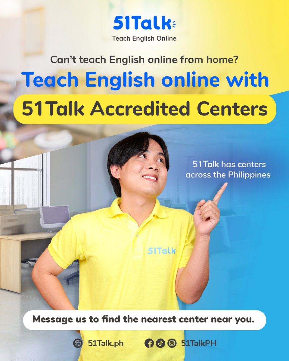 Sometimes, the right space makes all the difference. With 51Talk Accredited Centers across the Philippines, you can teach with confidence and focus on what matters most.

📩 Message us today to find your nearest center or sign up here: tinyurl.com/AccreditedCent…
