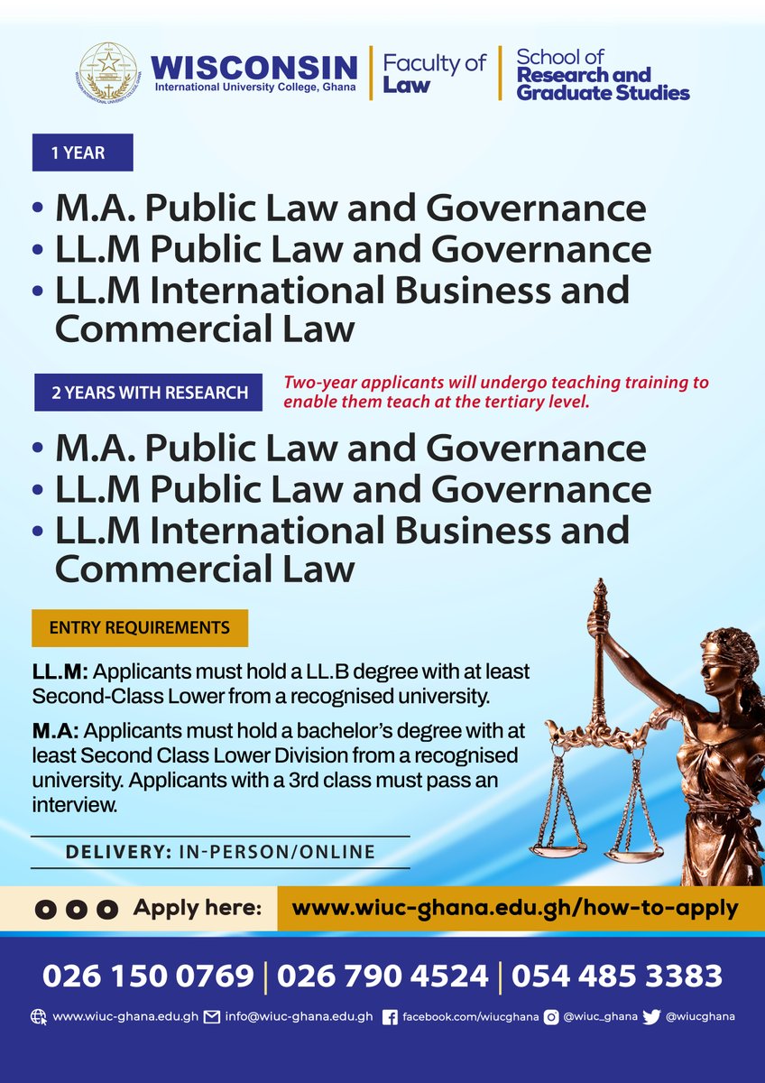 Take your legal career to the next level with our advanced postgraduate options:

1️⃣ LL.M. in International Business &amp; Commercial Law (1 or 2 years)
2️⃣ MA/LL.M. in Public Law and Governance (1 or 2 years)

Apply here: wiuc-ghana.edu.gh/how-to-apply/

#wiucghana #LLM #MA #publiclaw