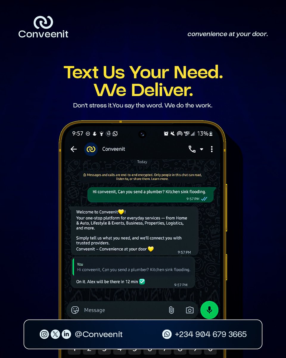 conveenit's tweet photo. Got a need? Don’t stress it. 😌
Just send us a message and we’ll handle the rest.🤝
From services to solutions
Conveenit delivers convenience to your doorstep.🚪
#Conveenit #MondayConvenience #TextUs #WeDeliver
#YourNeedsHandled https://t.co/KV6ZCRWCxy