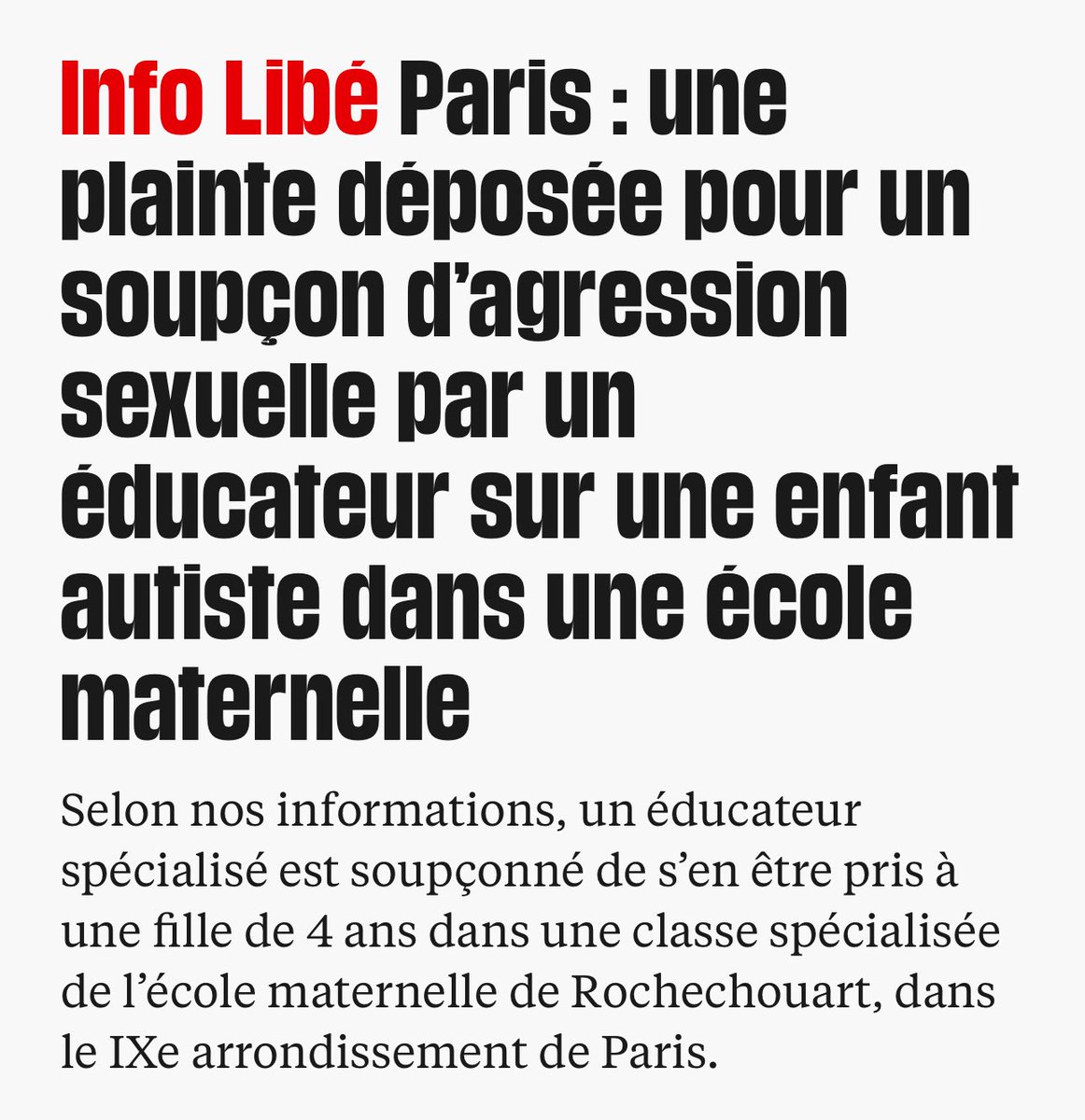 J’ai appris avec tristesse le dépôt de plainte pour un soupçon d’agression sexuelle visant une enfant de 4 ans dans une école maternelle du 9e. 

J’adresse tout mon soutien à l’élève qui va devoir se reconstruire et à ses proches.

Pensées également pour la communauté éducative.