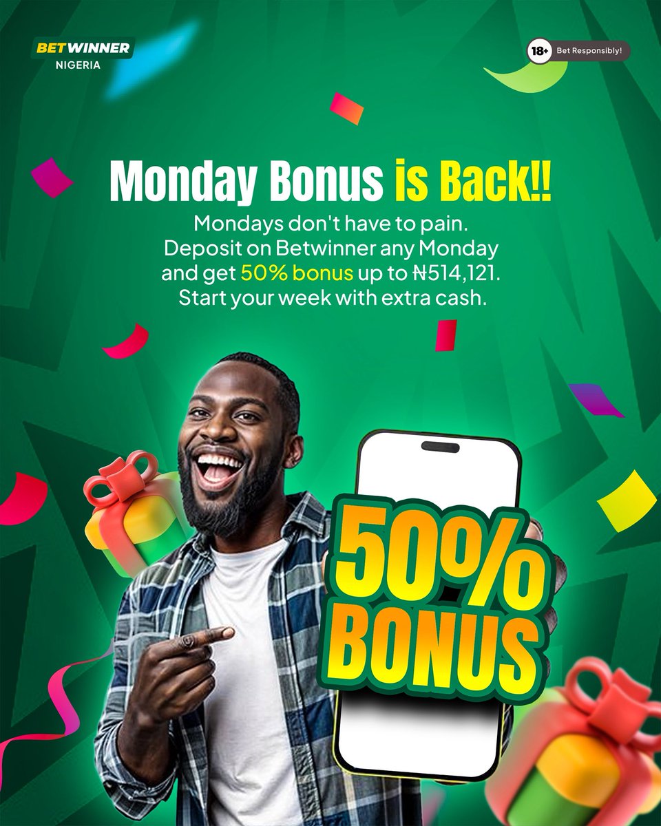 BetwinnerNg's tweet photo. You know that Monday feeling? We just fixed it. 50% bonus up to ₦514,121 every Monday you deposit on Betwinner. Bet 4 days last week? You qualify. Drop minimum ₦8,569, collect your bonus, wager it, cash out. Las las, Monday go sweet you. 💸
#Betwinner #MondayBonus #BetwinnerNG https://t.co/f0gFcyF6VM