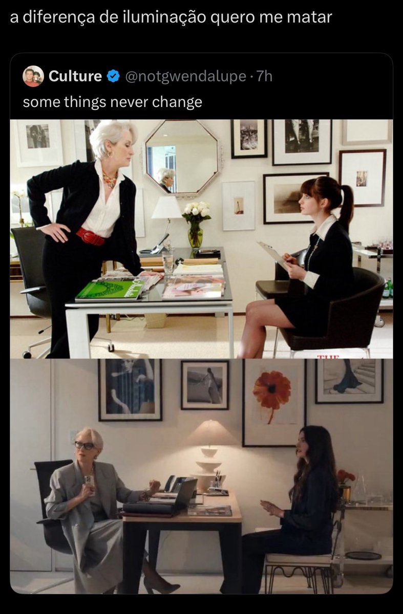 i_zzzzzz's tweet photo. Inexplicably about one third of my feed is now posts from Brazilian accounts complaining about the lighting in the new Devil Wears Prada. And I agree with all of them https://t.co/Wvr5epBJt1