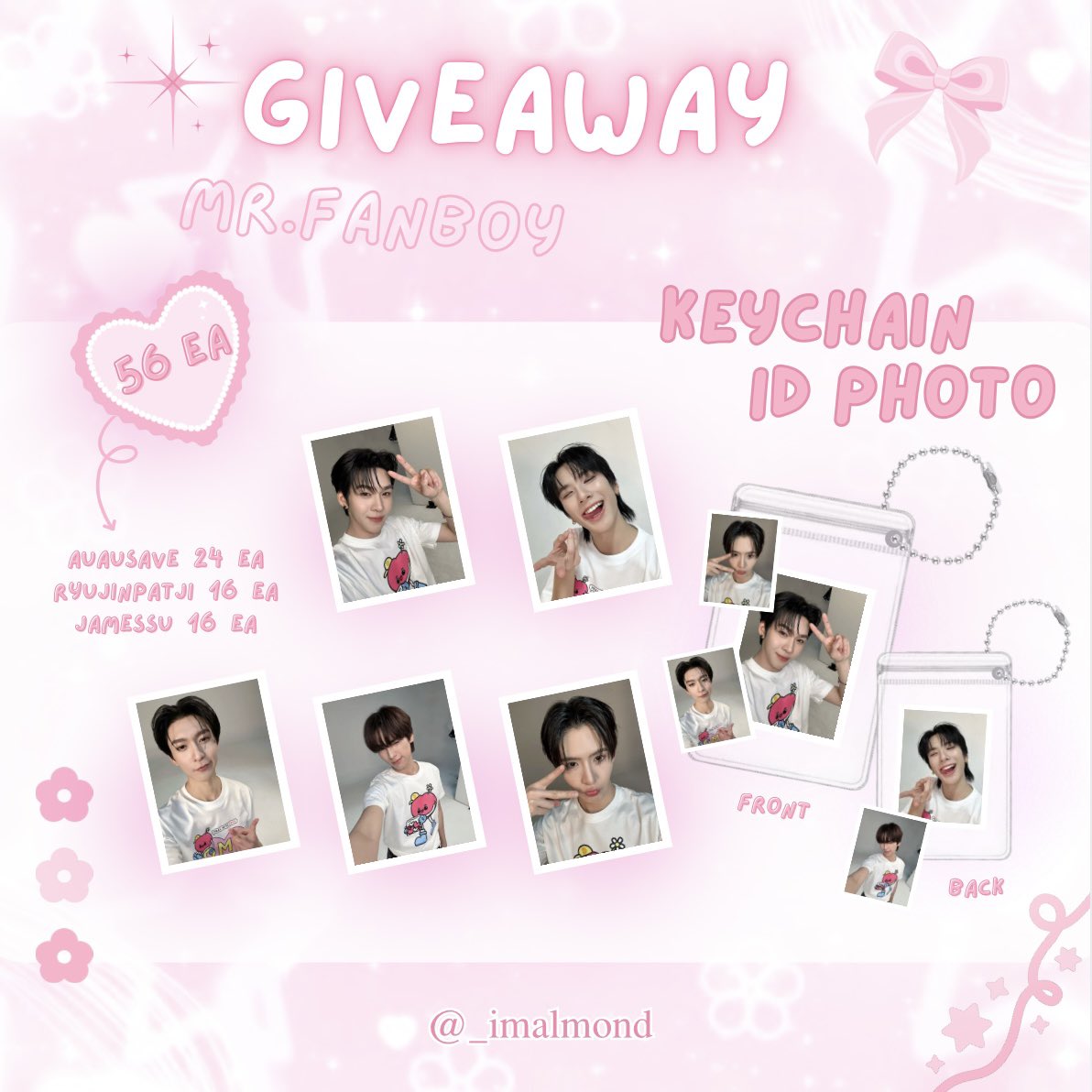 _imalmond's tweet image. 𐔌☆ 𐦯 𝗚𝗶𝘃𝗲𝗮𝘄𝗮𝘆 𝗳𝗼𝗿 #MrFanboySeries
#รักสุดใจนายแฟนบอยSeries ⋆✿˖°ᯓ

𝗞𝗘𝗬𝗖𝗛𝗔𝗜𝗡 𝗜𝗗 𝗣𝗛𝗢𝗧𝗢
𖧋 𝗔𝘂𝗮𝘂𝗦𝗮𝘃𝗲 𝟮𝟰 𝗲𝗮
𖧋 𝗥𝘆𝘂𝗷𝗶𝗻𝗣𝗮𝘁𝗷𝗶 𝟭𝟲 𝗲𝗮
𖧋 𝗝𝗮𝗺𝗲𝘀𝘀𝘂 𝟭𝟲 𝗲𝗮

🗓️ ⟢ 𝟵 𝗳𝗲𝗯 𝟮𝟲
📍⟢ 𝗣𝗵𝗲𝗻𝗶𝘅 𝗣𝗿𝗮𝘁𝘂𝗻𝗮𝗺