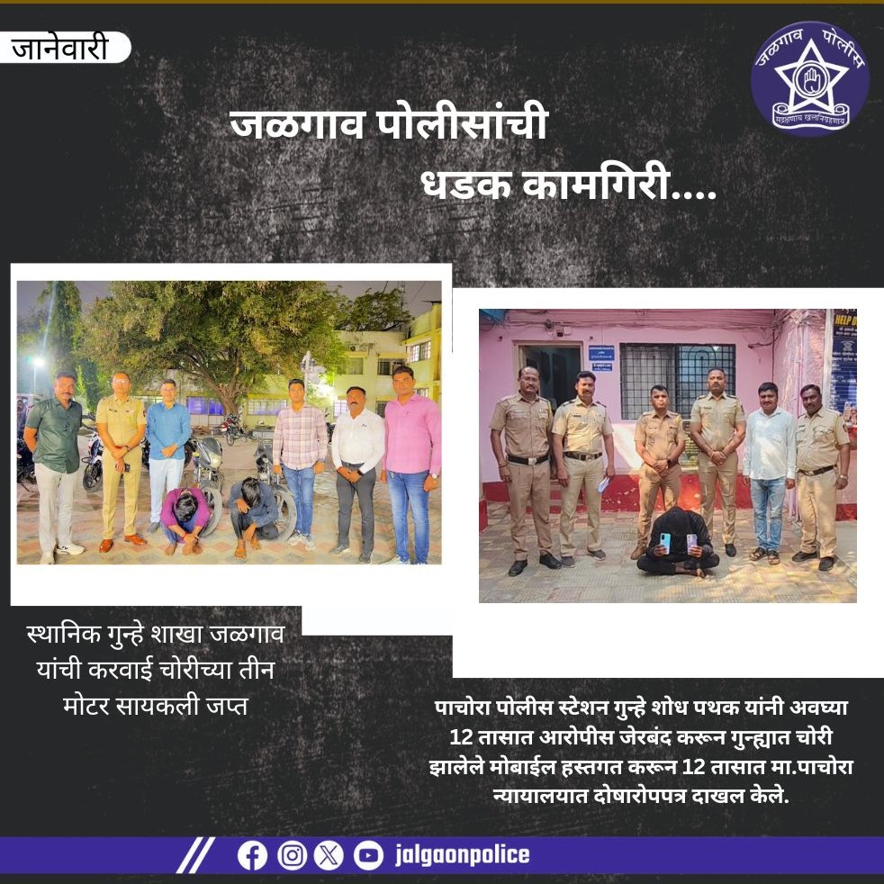 🚨 स्थानिक गुन्हे शाखा, जळगाव यांची उल्लेखनीय कारवाई 🚨
🔹 चोरीच्या तीन मोटरसायकली जप्त
🔹 गुन्हेगारीवर प्रभावी आघात
👮‍♂️ पाचोरा पोलीस स्टेशन गुन्हे शोध पथकाची तत्पर कारवाई
➡️ अवघ्या 12 तासांत आरोपीस जेरबंद
➡️ गुन्ह्यात चोरीस गेलेला मोबाईल हस्तगत.....