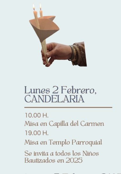 Hoy Lunes, se celebra la Presentación de Jesús en el Templo, conocida como la Fiesta de la CANDELARIA.
Se invita a todos los Bautizos rn 2025 a celebrar de la Fiesta en cualquiera de las Celebraciones de hoy en Utebo. 
#Candelaria