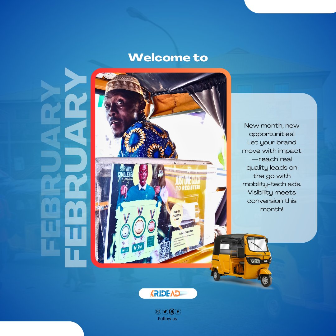 the_ridead's tweet photo. New month. New opportunities.
This February, let your brand move with impact; not noise.

RideAd puts your message on the move and in front of real audiences. 🛺💨

#NewMonth #February #RideAd #BrandVisibility #OOHAdvertising #LagosBusiness https://t.co/uCum9OQEcx