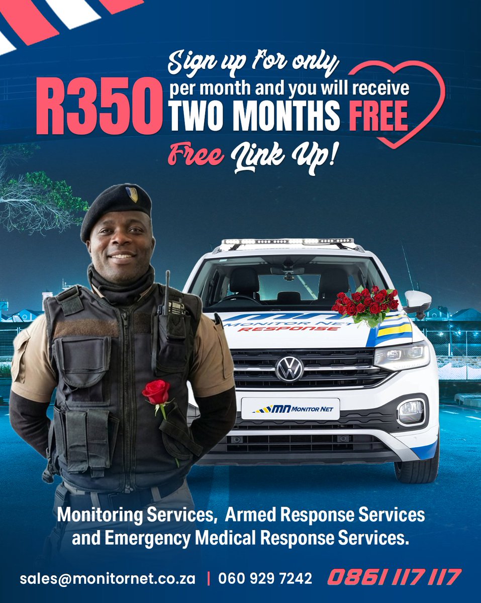 monitor_net's tweet image. Love Without Worry ❤🔒

Sign up with Monitor Net for just R350 p/m and enjoy:
✅ 2 Months FREE – Monitoring, Armed Response &amp;amp; Medical Emergencies
✅ FREE Link-Up

📧 sales@monitornet.co.za
📞 060 929 7242
🌐 View our promo here: monitornet.co.za/promo

T’s &amp;amp; C’s apply