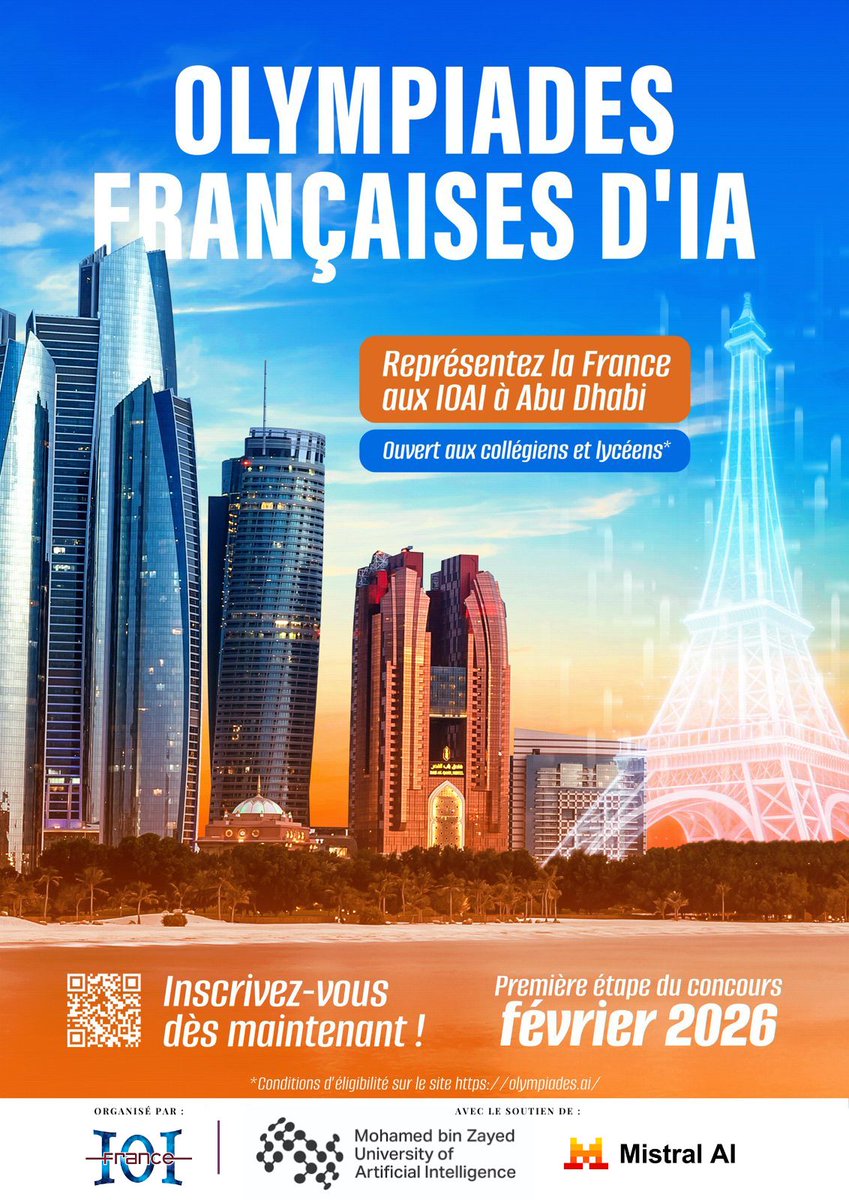 JulesPondard's tweet photo. Ouverture des olympiades françaises d'IA

La première épreuve "Où est Spy-C ?" est ouverte aujourd'hui et jusqu'au 28 février 

Collégiens, lycéens : tentez de remporter le challenge et de vous qualifier pour les olympiades internationales à Abu Dhabi !

Et pour les autres, participation officieuse bienvenue, lisez bien les règles et précisez [unofficial] dans votre équipe.

Bonne chance !