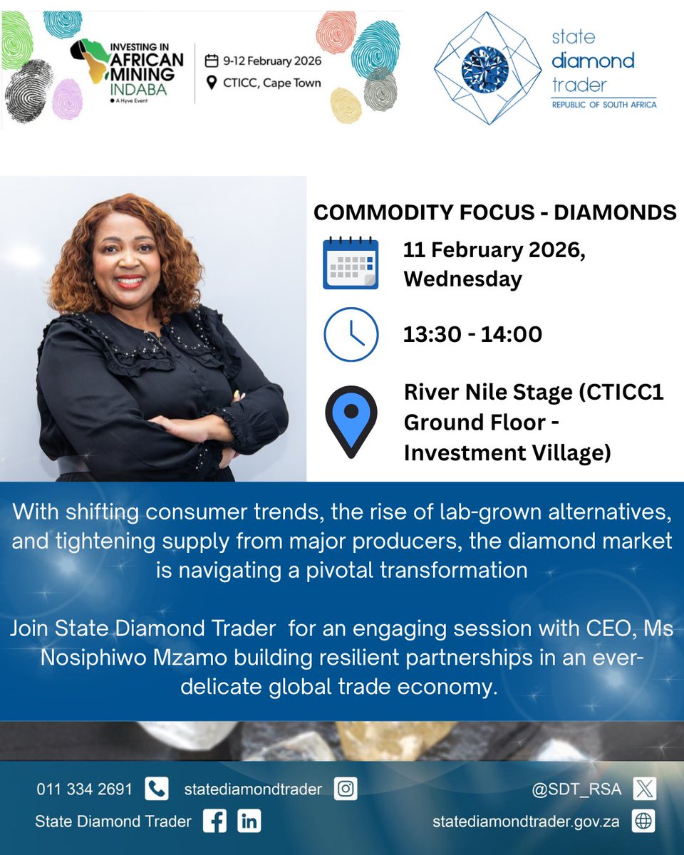 State Diamond Trader is thrilled to announce CEO, Ms Nosiphiwo Mzamo as a featured speaker at the 2026 Investing in African Mining Indaba  that will be held from the 09 – 12 February 2026

#MiningIndaba #DiamondIndustry #GlobalTrade #StateDiamondTrader #ResilientPartnerships